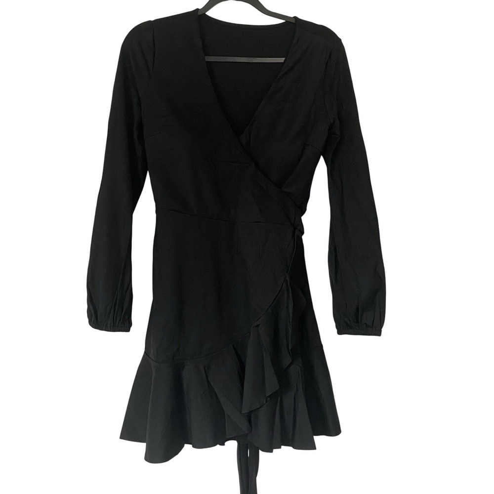 NWT Halara Black Wrap Dress‎ Long Sleeve Ruffle Medium Women's V Neck